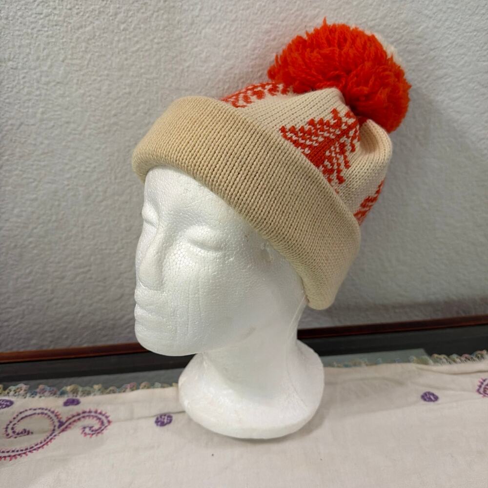 Wool Roasty Toasty Beanie Hat with Orange Pom Pom and Snowflake Design